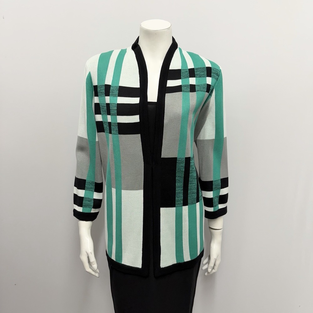 Misook Jacket Cardigan Green Black Gray & White FAB Print Design Size L Large